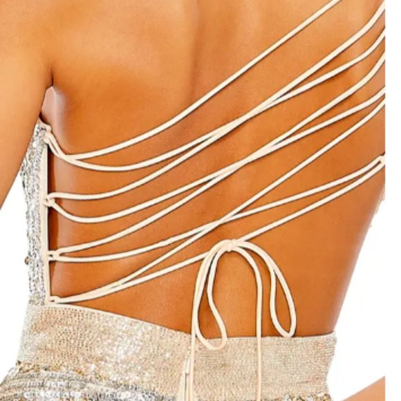 MAC DUGGAL 5687 ONE SHOULDER SEQUIN BEADED LACE UP BACK NUDE SILVER GOWN sz 6 - Picture 4 of 5